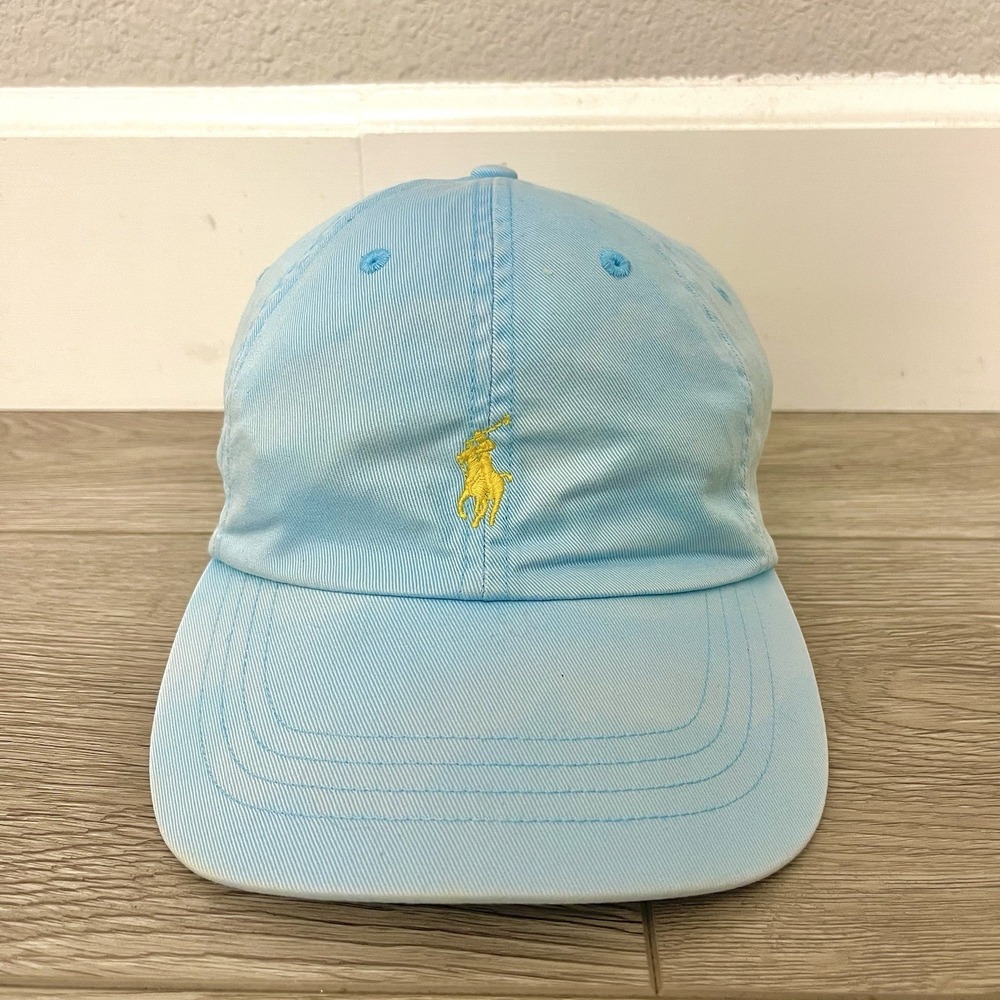 Vintage Polo Ralph Lauren Hat Mens Baby Blue Yellow Leather Strap Adjustable